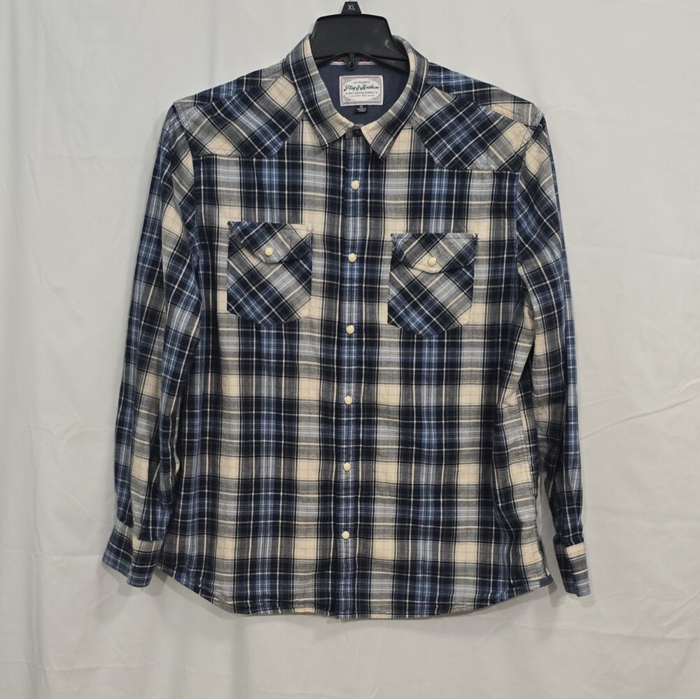 Flag & Anthem Men's XL Blue Beige Plaid Cotton Long Sleeve Shirt Pockets Snaps